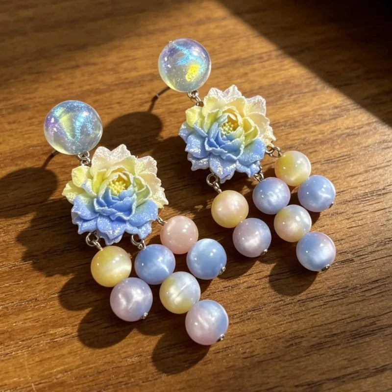 Gradient Floral Earrings for Women Tassels Beads Vintage Palace Style Jewelry Elegant Fashion Light Luxury Aretes De Mujer
