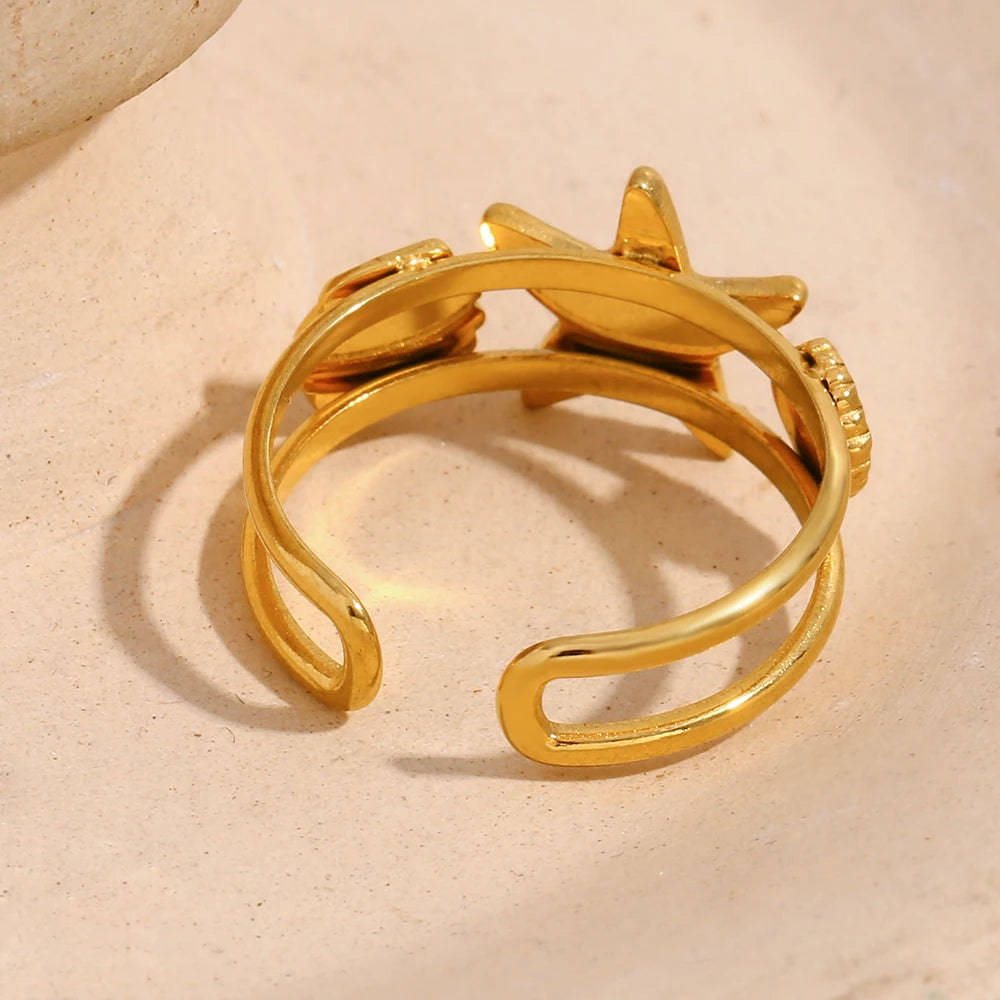 E.B.belle Ocean Style Double Layer Starfish Shell Opening Ring For Women Stainless Steel Gold Plated Vacation Chic Jewelry