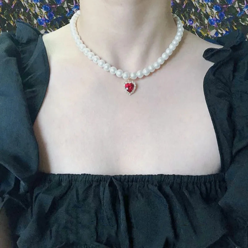 Kpop Vintage Baroque Red Crystal Heart Pendant Pearl Chain Necklace For Women Jewelry Wedding Christmas Gift Y2K Accessories