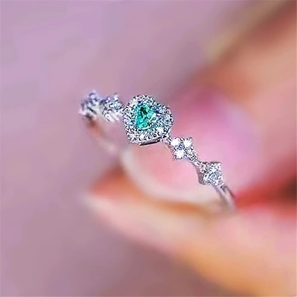 Cute Female White Green Zircon Stone Silver Color Wedding Jewelry Promise Love Heart Engagement Rings For Women