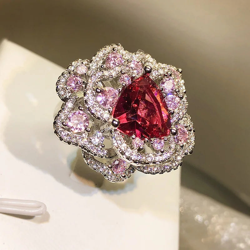 925 Silver High Carbon Diamond Color Ice Flower Cut Open Flower Ring Ladies Birthday Cocktail Party Jewelry Gift Wholesale