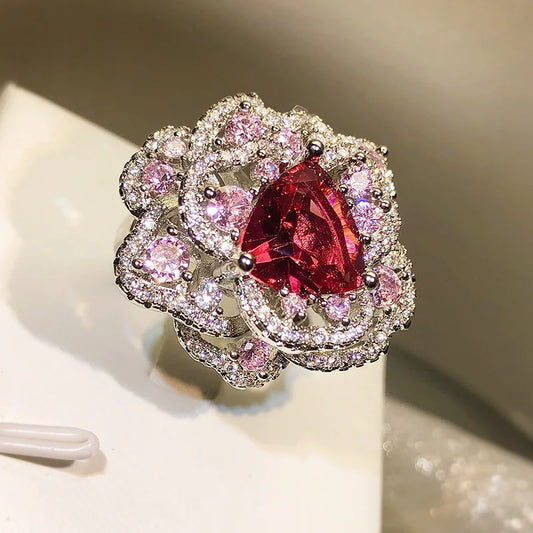 925 Silver High Carbon Diamond Color Ice Flower Cut Open Flower Ring Ladies Birthday Cocktail Party Jewelry Gift Wholesale