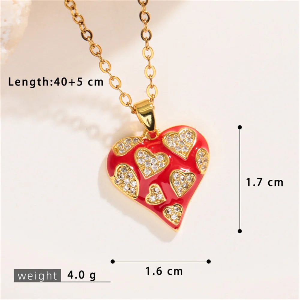 New Fashion Overlap Small Heart Love Charm Female Pink Green Zircon Pendant Necklace Gold Color Wedding Jewelry For Cute Women