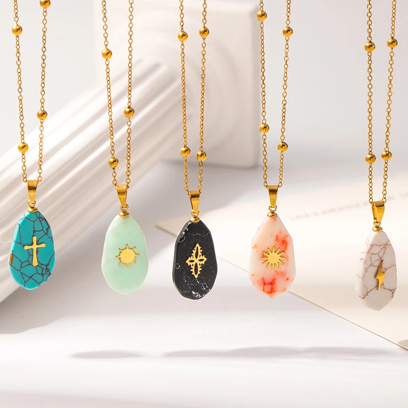 ANENJERY 316L Stainless Steel Geometry Stone Star Sun Cross Necklace For Women Vintage Fashion Niche Lady Jewelry Gift Wholesale