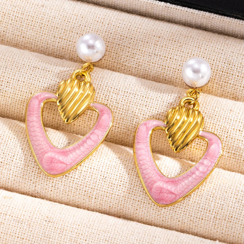 ANENJERY 316L Stainless Steel Hollow Heart Imitation Pearls Stud Earrings For Women Luxury Niche Temperament Simple Jewelry Gift