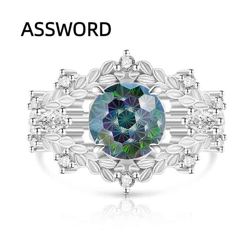 925 Sterling Silver Vintage Leaf Flower Ring Round Ice Flower Cut Cubic Zirconia Wedding Band Luxury Fine Jewelry Gift for Women