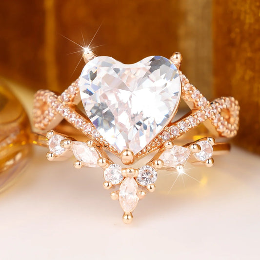 Small Charm Cute Female Heart White Zircon Stone Ring Set Fashion Vintage Gold Color Bridal Wedding Engagement Jewelry For Women