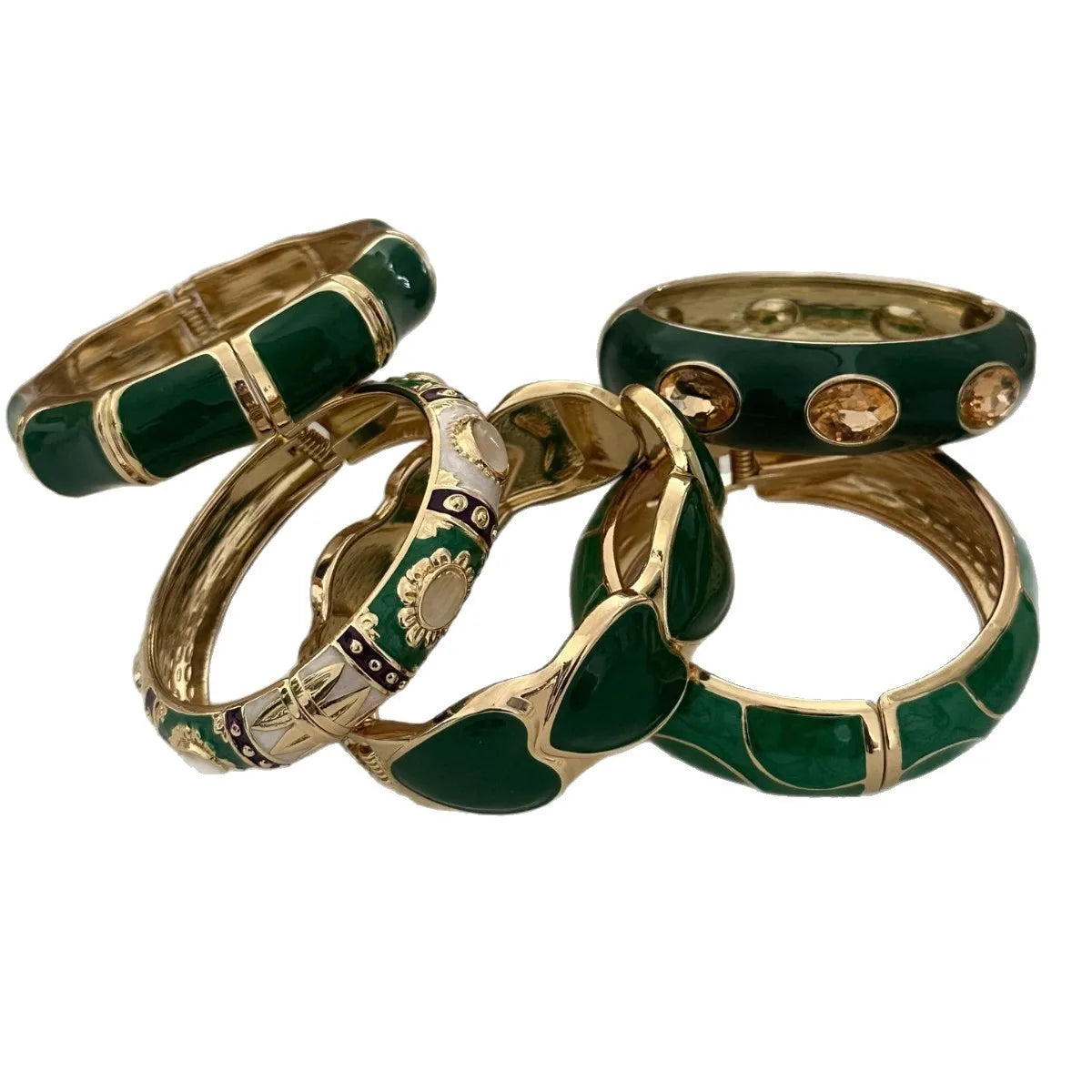 KMVEXO Vintage Exaggerated Green Drip Oil Irregular Grid Water Rhinestone Geometric Wide Bangle Chunky Cuff Bracelet Jewelry
