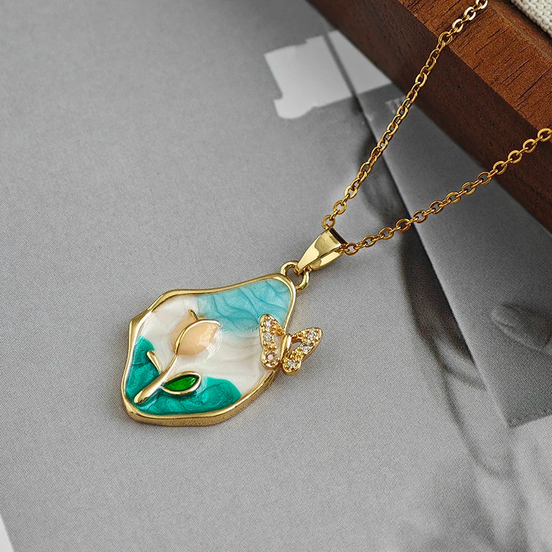 ANENJERY 316L Stainless Steel Irregular Pendant Flower Butterfly Heart Necklace For Women Romantic Niche Jewelry Gifts Wholesale