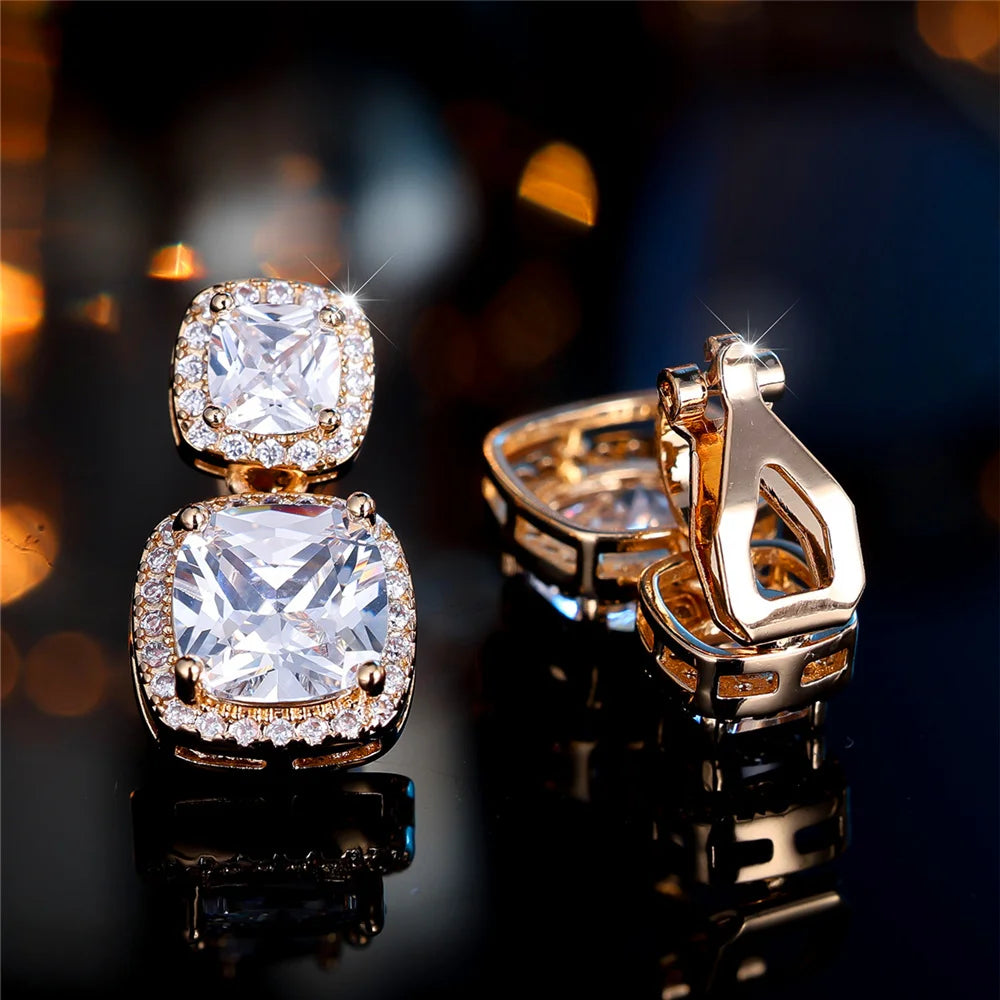 Luxury Big White Zircon Clip Earrings For Women Luxury Crystal Female Silver Color Round Wedding Jewelry