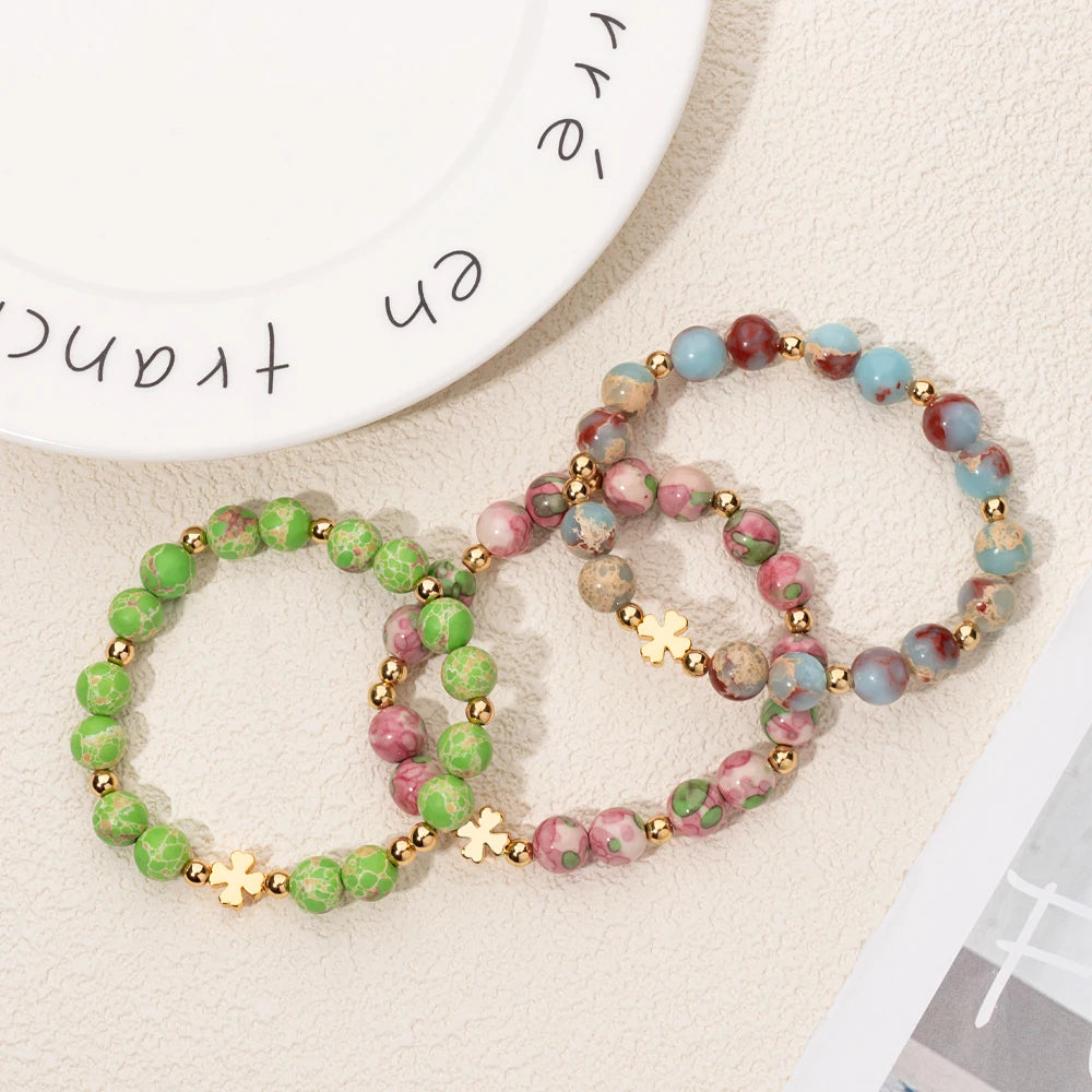 New 8MM Natural Stone Girl Bracelets Colorful Round Beads Alloy Gold Color Cross Women Bangle Fashion Jewelry Accessories 2024
