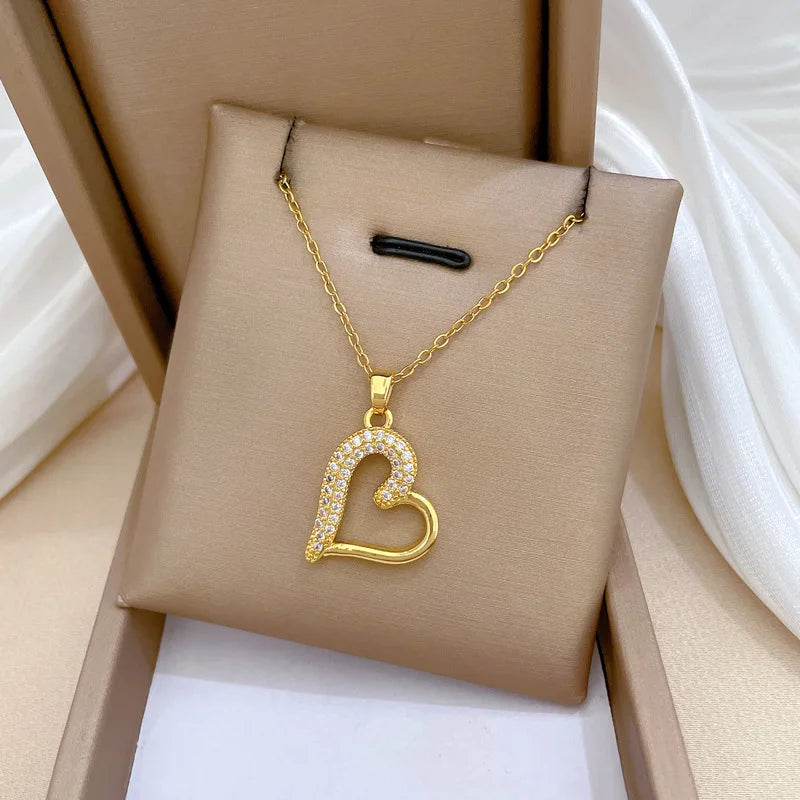 Luxury Heart Necklace for Women Full Paved Bling Cubic Zirconia 14k Gold Color Exquisite Necklace Female Wedding Jewelry