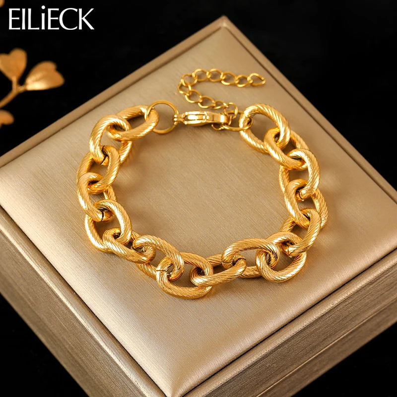 EILIECK 316L Stainless Steel Gold Color Thick Chain Bracelet For Women Men New Trendy Waterproof Wrist Chain Jewelry Gift Party