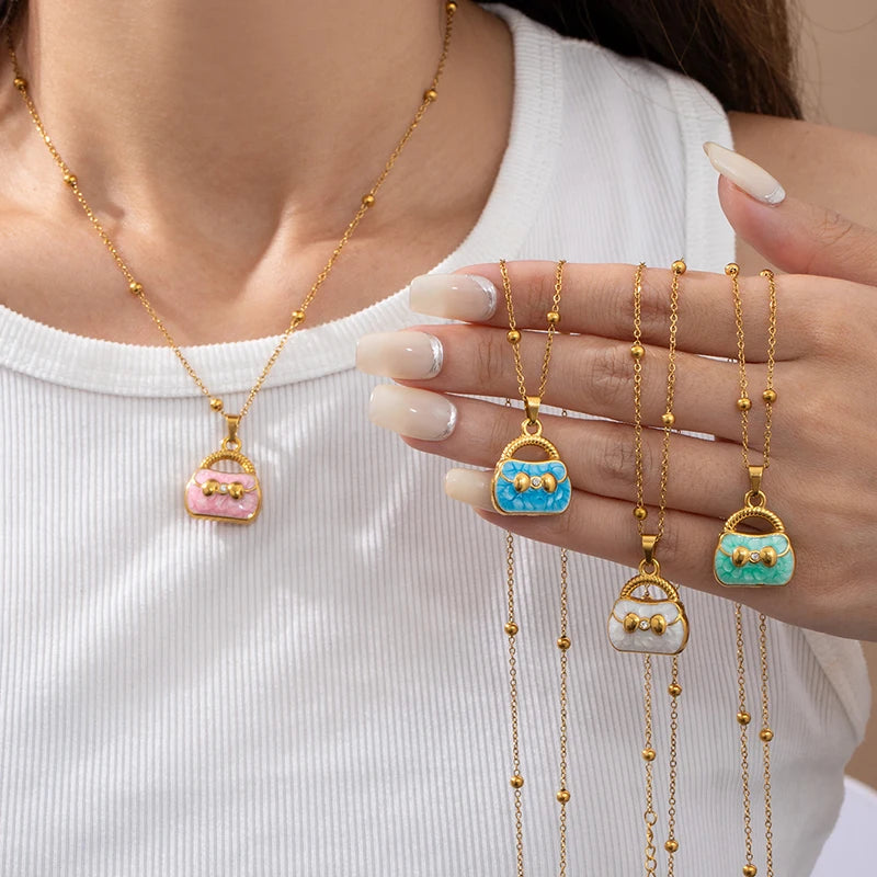 ANENJERY 316L Stainless Steel Colorful Enamel Hat Bag Pendant Necklace For Women Niche Luxury Design Fashion Jewelry Wholesale