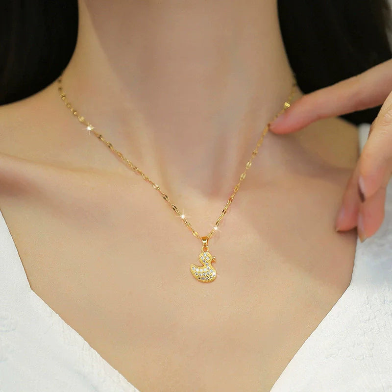 EILIECK 316L Stainless Steel Shine Cubic Zircon Butterfly Pendant Necklace for Girl Gold Color Waterproof Chic Jewelry Party