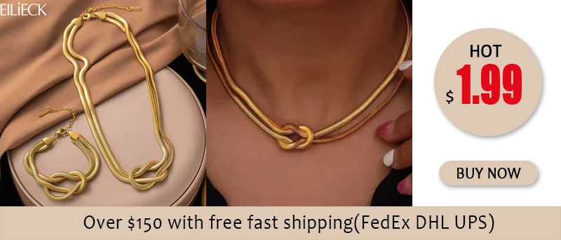 \EILIECK Stainless Steel Metal Gold Color Chain Necklace Bracelet For Women New Fashion Waterproof Collar Jewelry Set Gift Party