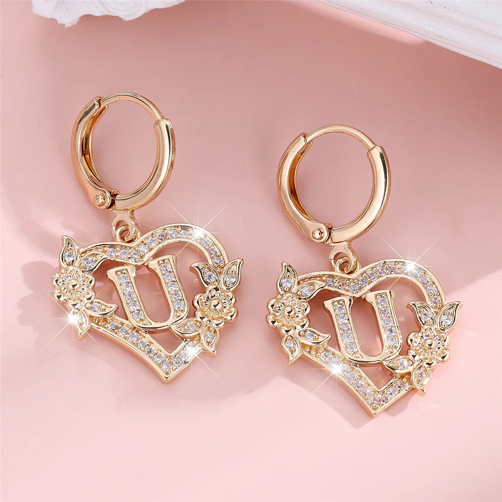 Female A-Z 26 Letter Heart Flower Hoop Earrings Yellow Gold Color White Zircon Wedding Jewelry For Women