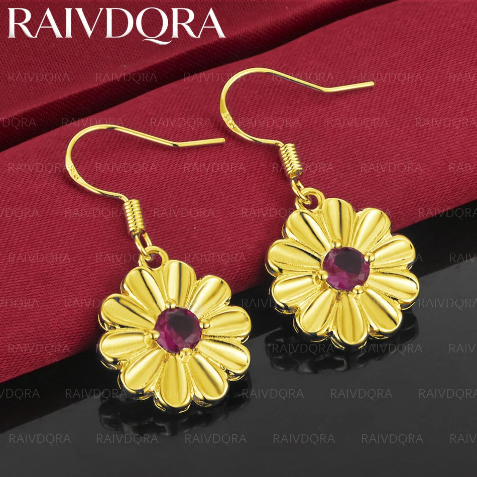 18K Gold Plated Daisy Red Zircon Drop Earrings For Women Fashion Jewelry Parties Weddings Engagement Accessories