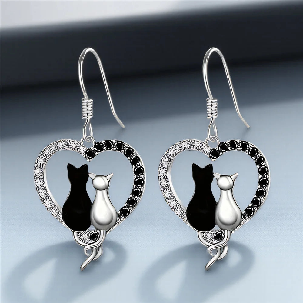 Charm Female White Black Zircon Stone Cat Animal Drop Earrings Cute Trendy Bridal Silver Color Dangle Wedding Jewelry For Women