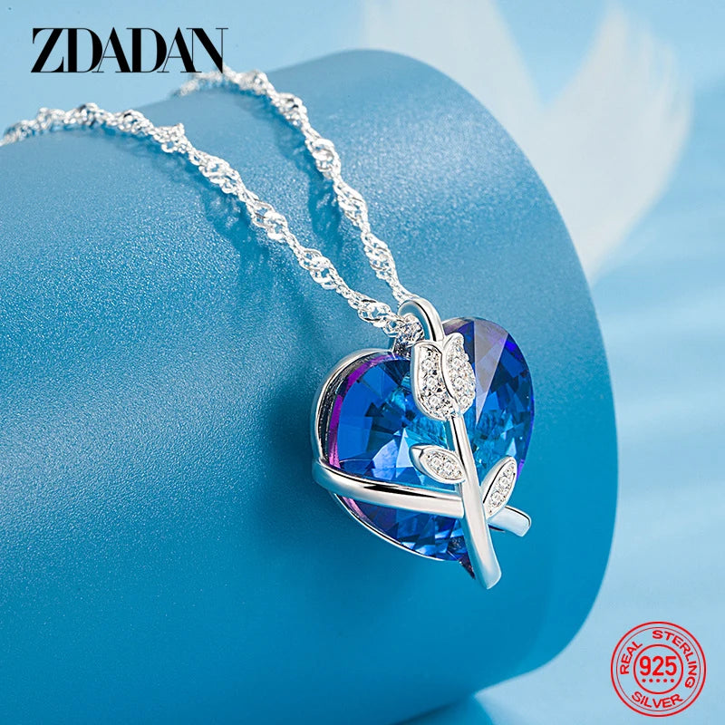 ZDADAN 925 Sterling Silver Rose Flowers Blue Heart Crystal Necklace For Women Fashion Jewelry