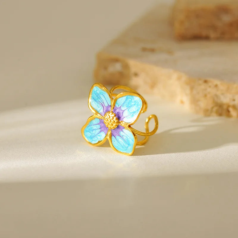 EILIECK 316L Stainless Steel Blue-purple Flowers Open Ring for Women Stylish Design Water Resistant Metal Finger Rings Jewelry