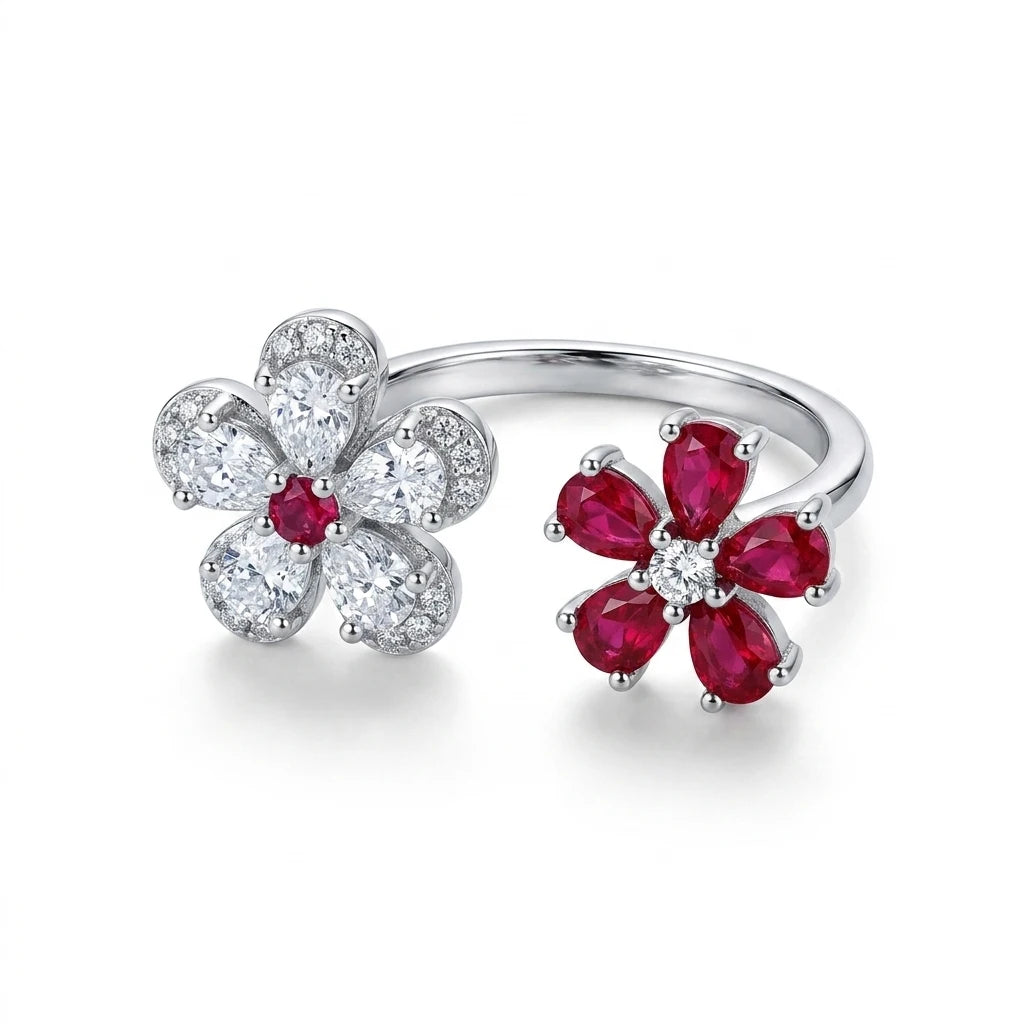 Ladies Silver Adjustable Open Ring with Pink White Flower Design Daily Wearable Fashion Jewelry Gift for Female Friends