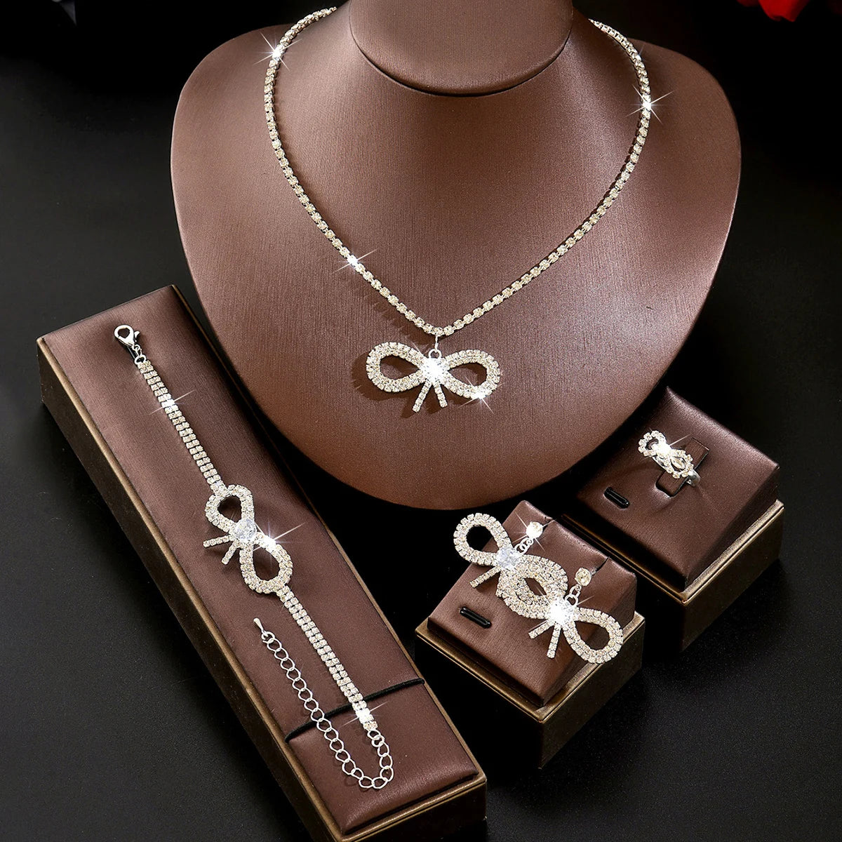 Girl style crystal bow complete set of jewelry, necklace, earrings, bracelet, ring, women's date, dinner dress accessories
