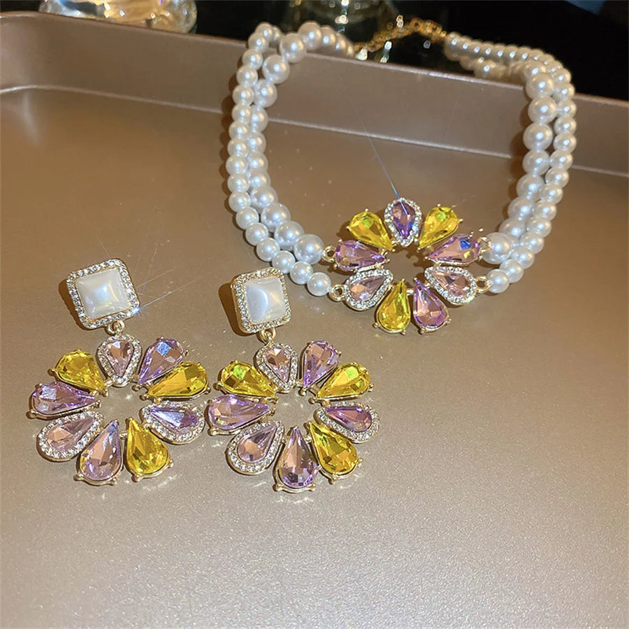 Korean Style Pearl Necklace Earrings For Women Sweet Sunflower Crystal Earrings Weddings Banquet Jewelry Sets