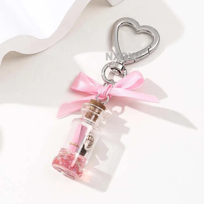 1pc Pink Drift Bottle Cute Bow Pretty Keychain Lovely Ocean Communicate Key Ring For Women Girls Handmade Good Gift Jewelry