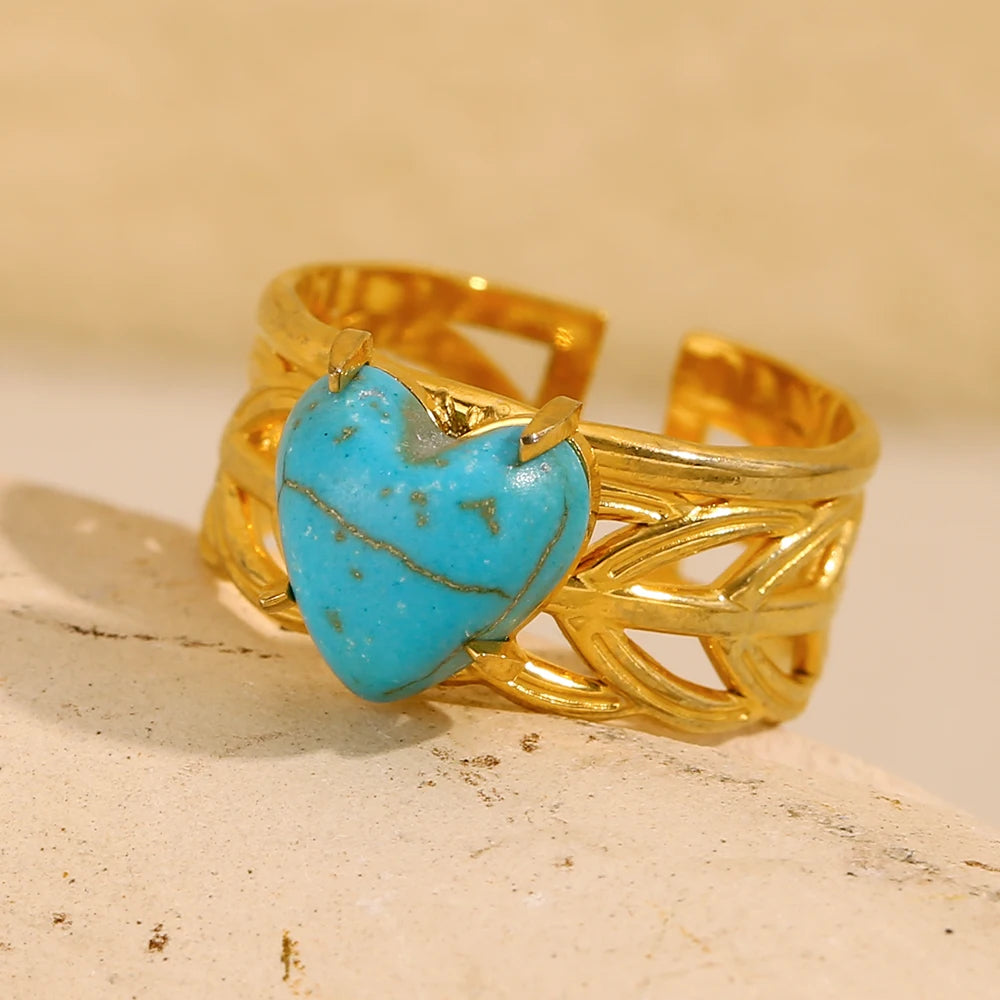 E.B.belle Leaf Pattern Natural Blue Turquoise Stone Heart Opening Ring 18K Gold Plated Stainless Steel Party Waterproof Jewelr y