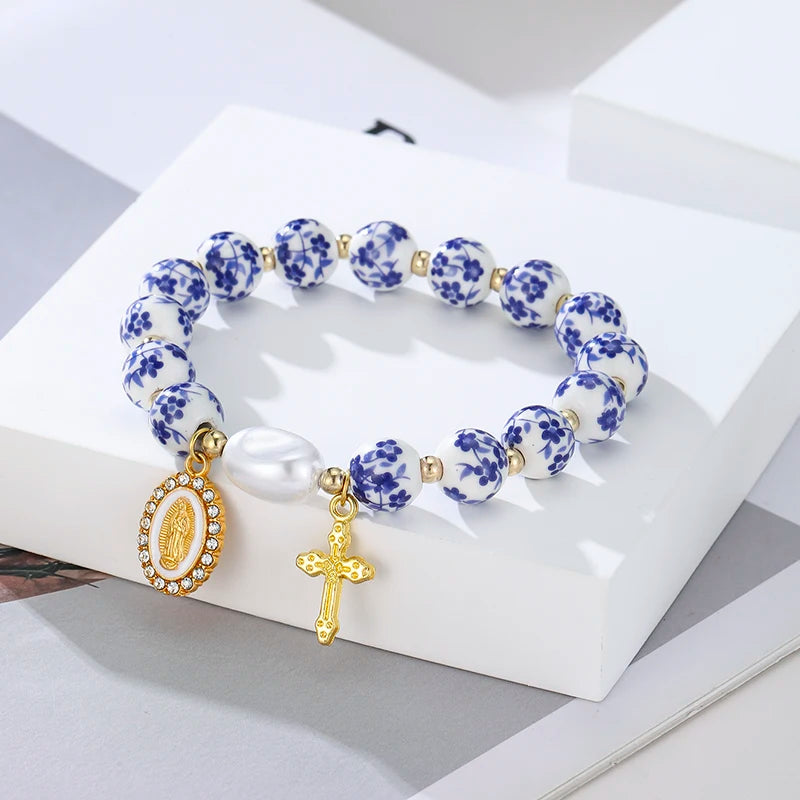 Bohemian Blue White Porcelain Bead Bracelet with Imitation Pearls Cross Pendant for Women Daily Party Wear Fashion Accessory