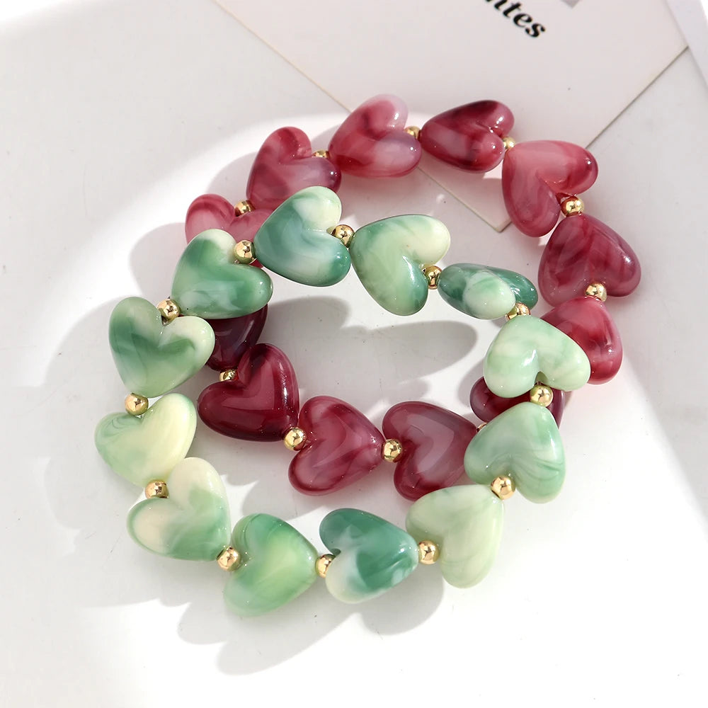 Cute Acrylic Colorful Geometric Heart Beads Elastic Bracelets New Love Heart Beaded Stackable Bangle Bracelet Women Jewelry Gift