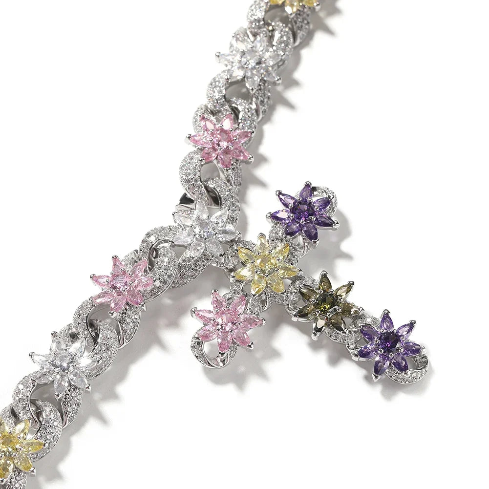 Colorful Flower Cross Charms Cuban Chain Full Pave Iced Out Baguette Cubic Zirconia HipHop Jewelry Unisex Gift For Men Women