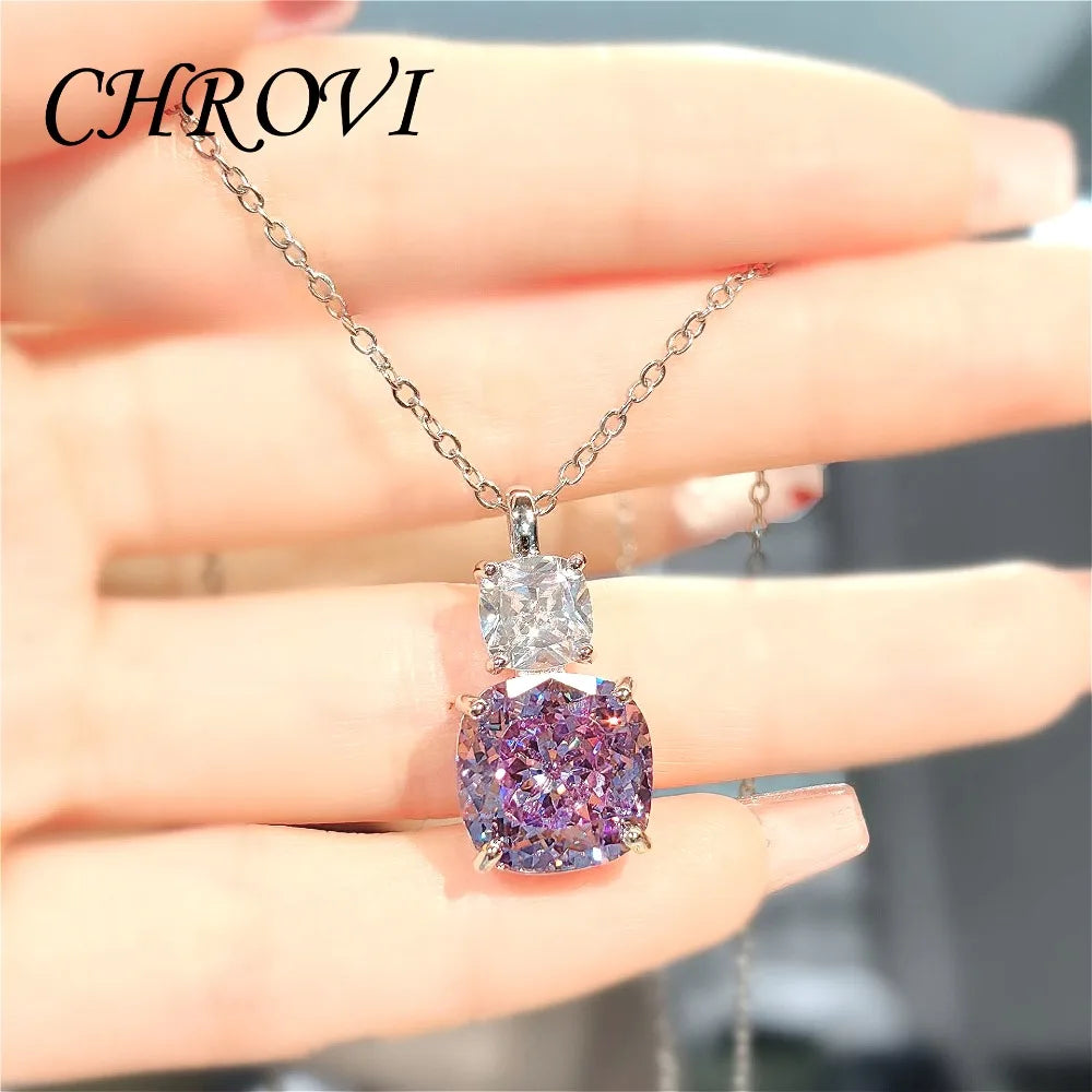 Fashion 925 Sterling Silver Pink Diamond Necklace with Purple Pendant, Stud Earrings, Ring, and Coloured Gemstone Set for Women
