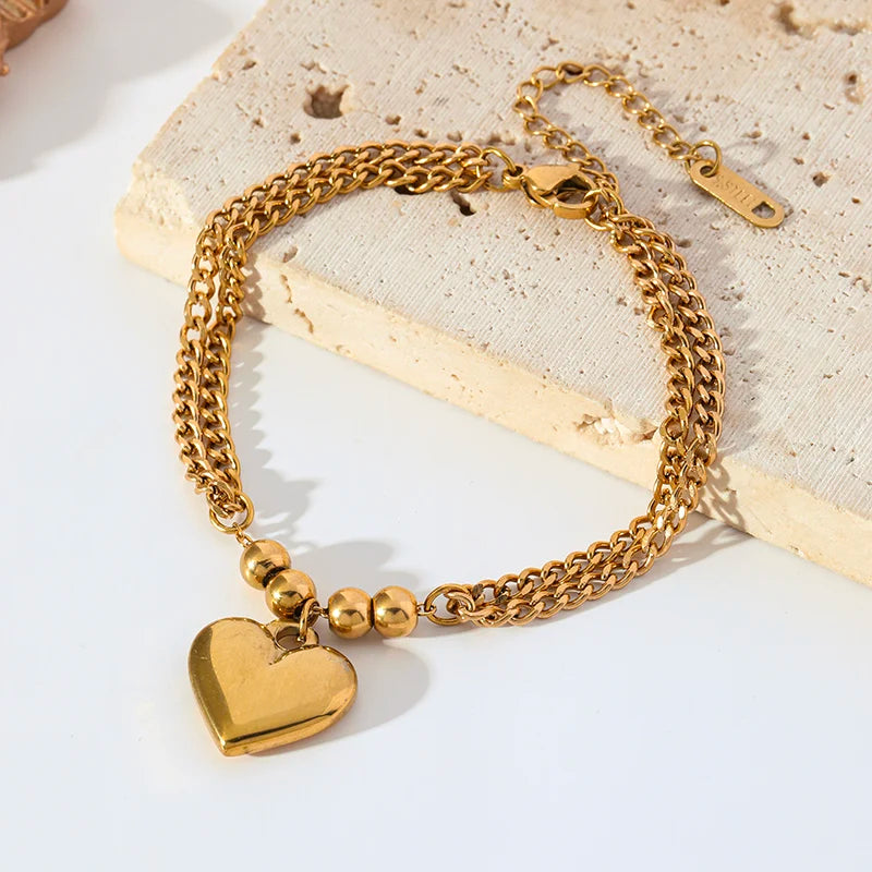EILIECK 316L Stainless Steel Gold Color Smooth Heart Charm Necklace Bracelets Set For Women Trendy Waterproof Jewelry Lady Gift