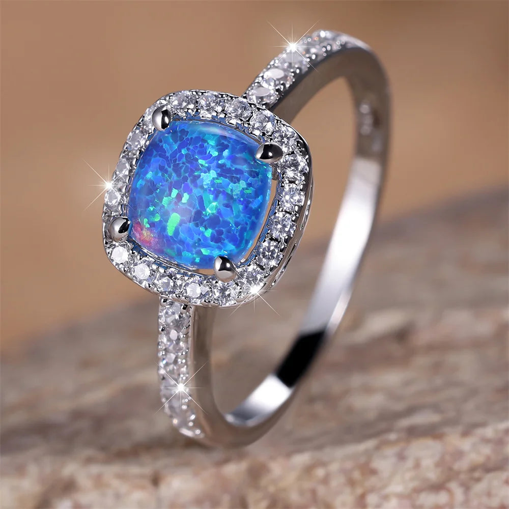 Blue Opal Square Engagement Ring White Round CZ Stone Wedding Rings For Women Silver Color Jewelry Simple Fashion Accessory Gift