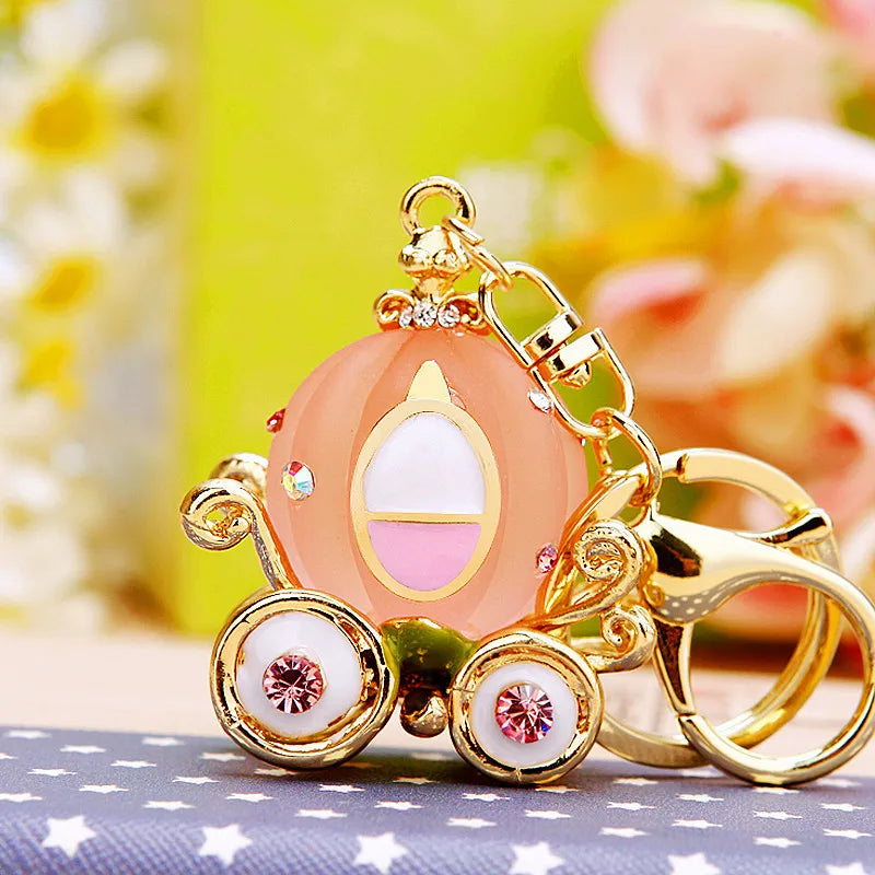Lovely Cinderella Pumpkin Carriage Keychain Crystal Keyring Pendant Purse Bag Car Keychain