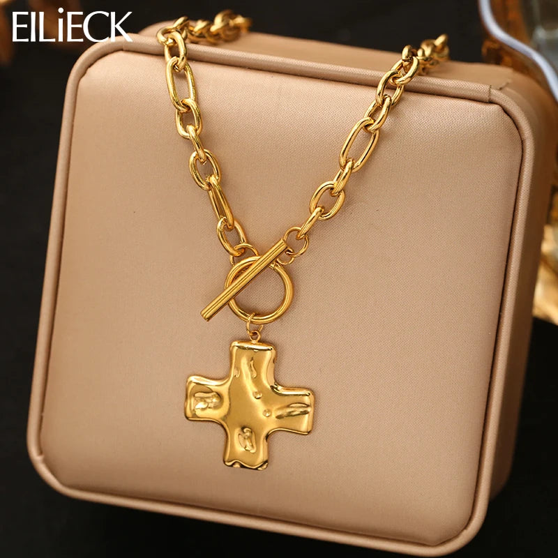 EILIECK 316L Stainless Steel Metal Cross Pendant Necklace For Women Trendy Gold Color OT Clasp Neck Chain Waterproof Jewelry
