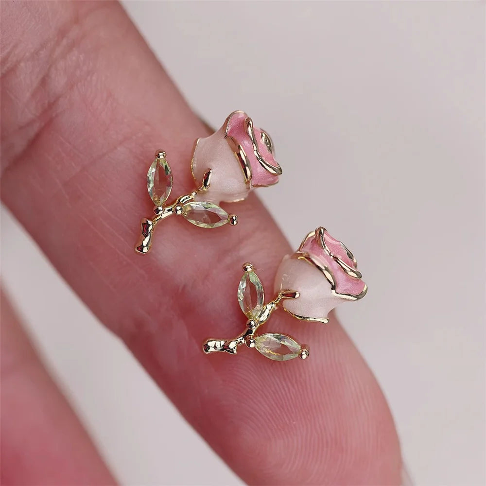 Cute Female White Enamel Gold Color Pink Flower Stud Earrings Lovely Bridal Wedding Jewelry For Women
