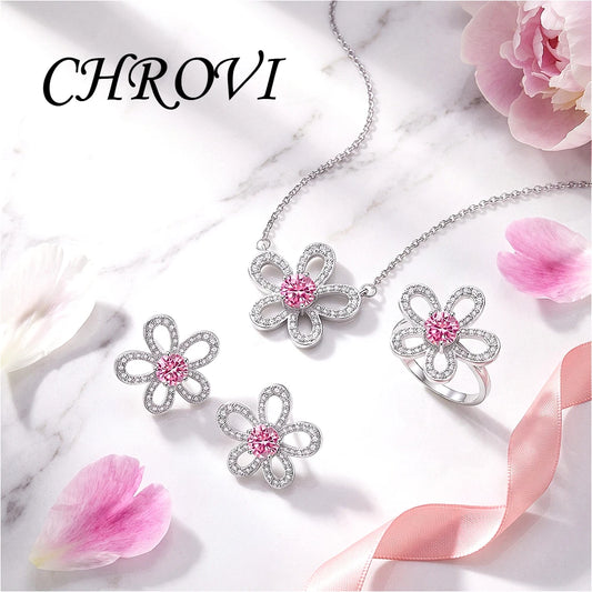 Sweet 925 sterling silver luxury full-diamond five-petal flower gemstone pendant ring earring three-piece jewelry set