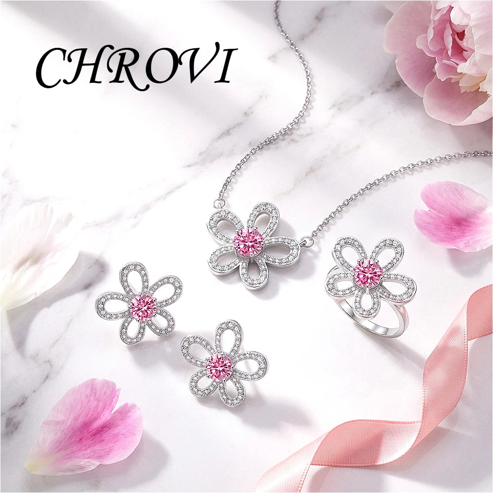 Sweet 925 sterling silver luxury full-diamond five-petal flower gemstone pendant ring earring three-piece jewelry set