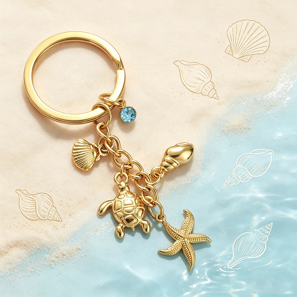 Turtle Starfish Shell Keychain Ocean Theme Stainless Steel Seashell Conch Crystal Charms Key Ring Fashion Beach Bag Holiday Gift