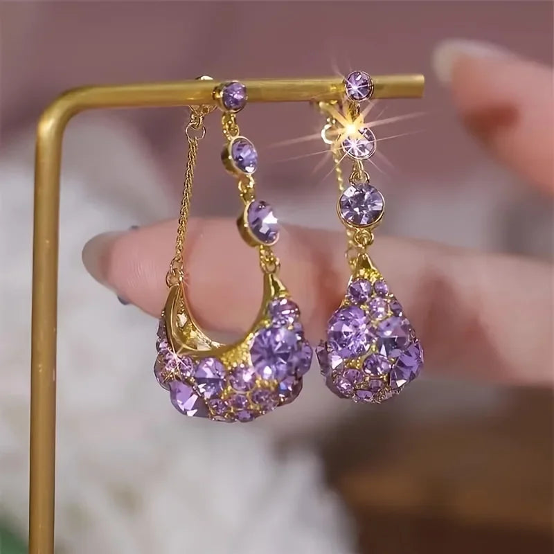 Purple Crystal Water Drop Long Tassel Earrings Women Design Sparkling Prom Accessories Party Jewelry Birthday Anniversary Gifts