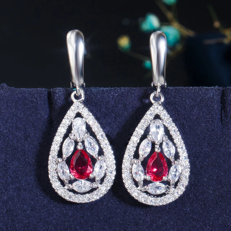 ThreeGraces Shining Red Zirconia Water Drop Shape Earring Necklace Ring Fashion Bridal Party Jewelry Set for Women JS554