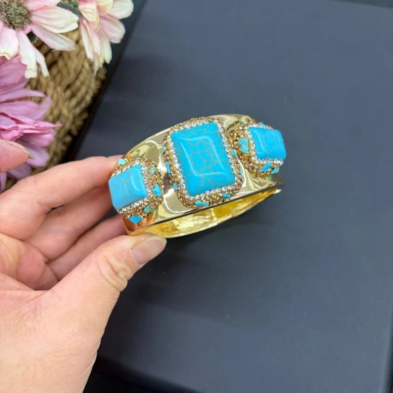 Vintage Luxury Gold Plated Jewelry Set for Women Turquoise Rhinestone Bangle & Ring Elegant Statement Wedding Party Accessories
