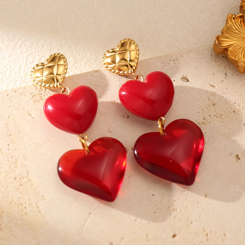 EILIECK 1pair New Stainless Steel Elegant Red Heart-Shaped Pendant Earrings For Women Fashion Ear Stud Waterproof Jewelry Gift