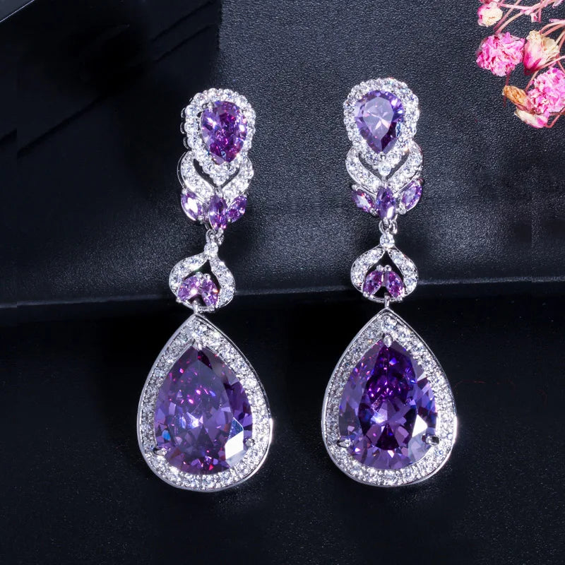ThreeGraces Elegant Shiny Purple Water Drop Zirconia Big Long Bridal Wedding Party Earrings for Women Banquet Jewelry E1442