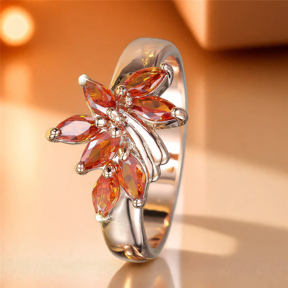 Cute Female Red Zircon Stone Tree Leaf Ring Rose Gold Color Engagement Charm Wedding Jewelry For Women