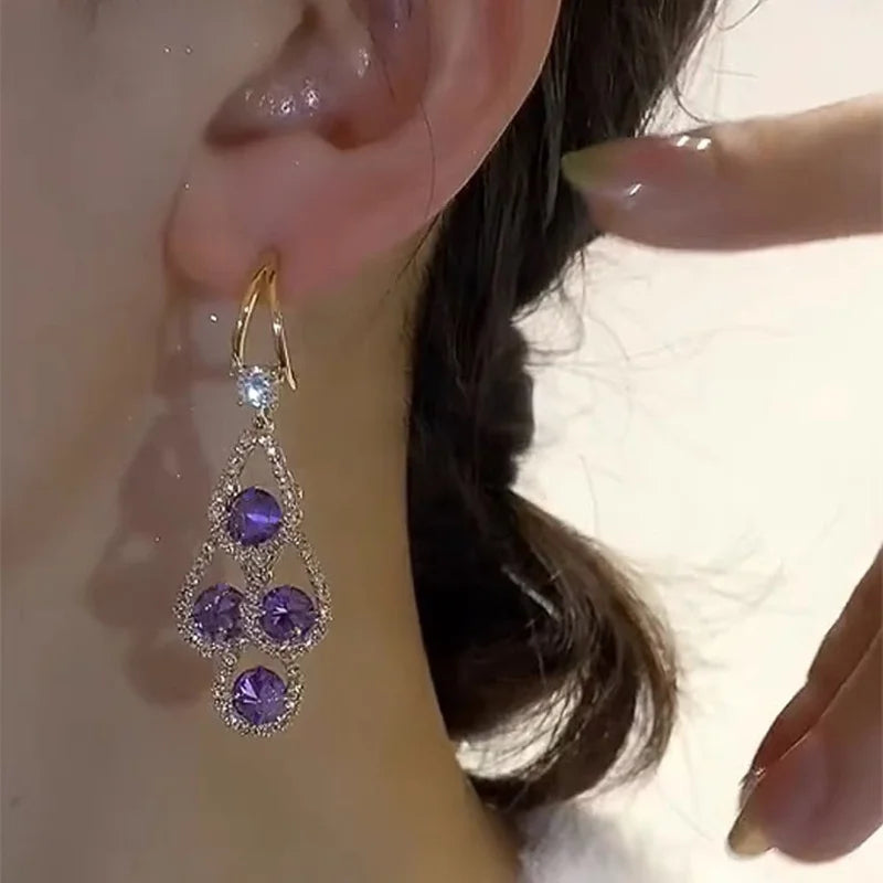 Purple Crystal Water Drop Long Tassel Earrings Women Design Sparkling Prom Accessories Party Jewelry Birthday Anniversary Gifts