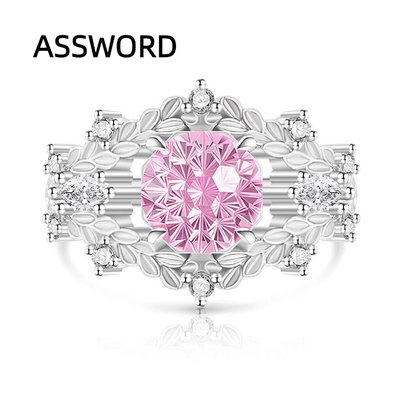 925 Sterling Silver Vintage Leaf Flower Ring Round Ice Flower Cut Cubic Zirconia Wedding Band Luxury Fine Jewelry Gift for Women